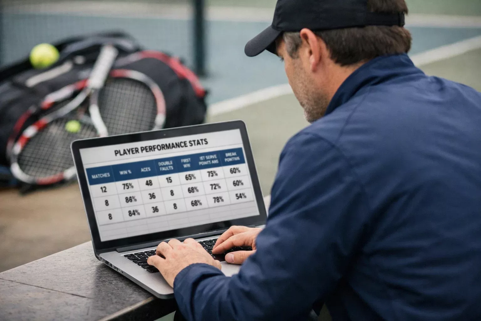 Entrenador revisando gráficos de rendimiento de tenista profesional