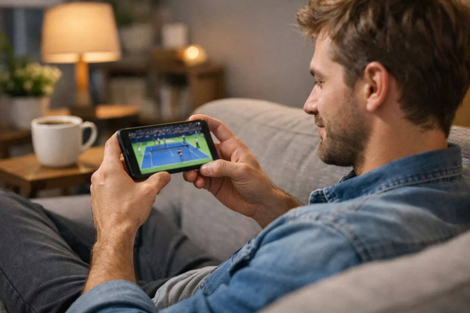 Aficionado viendo un partido de tenis en directo desde su smartphone