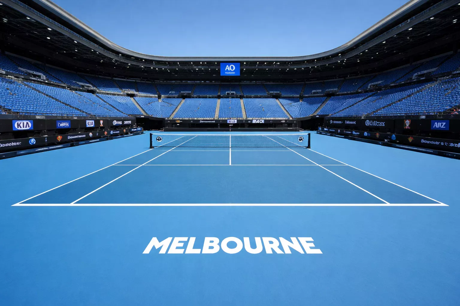 Pista dura azul del Australian Open bajo cielo despejado de verano