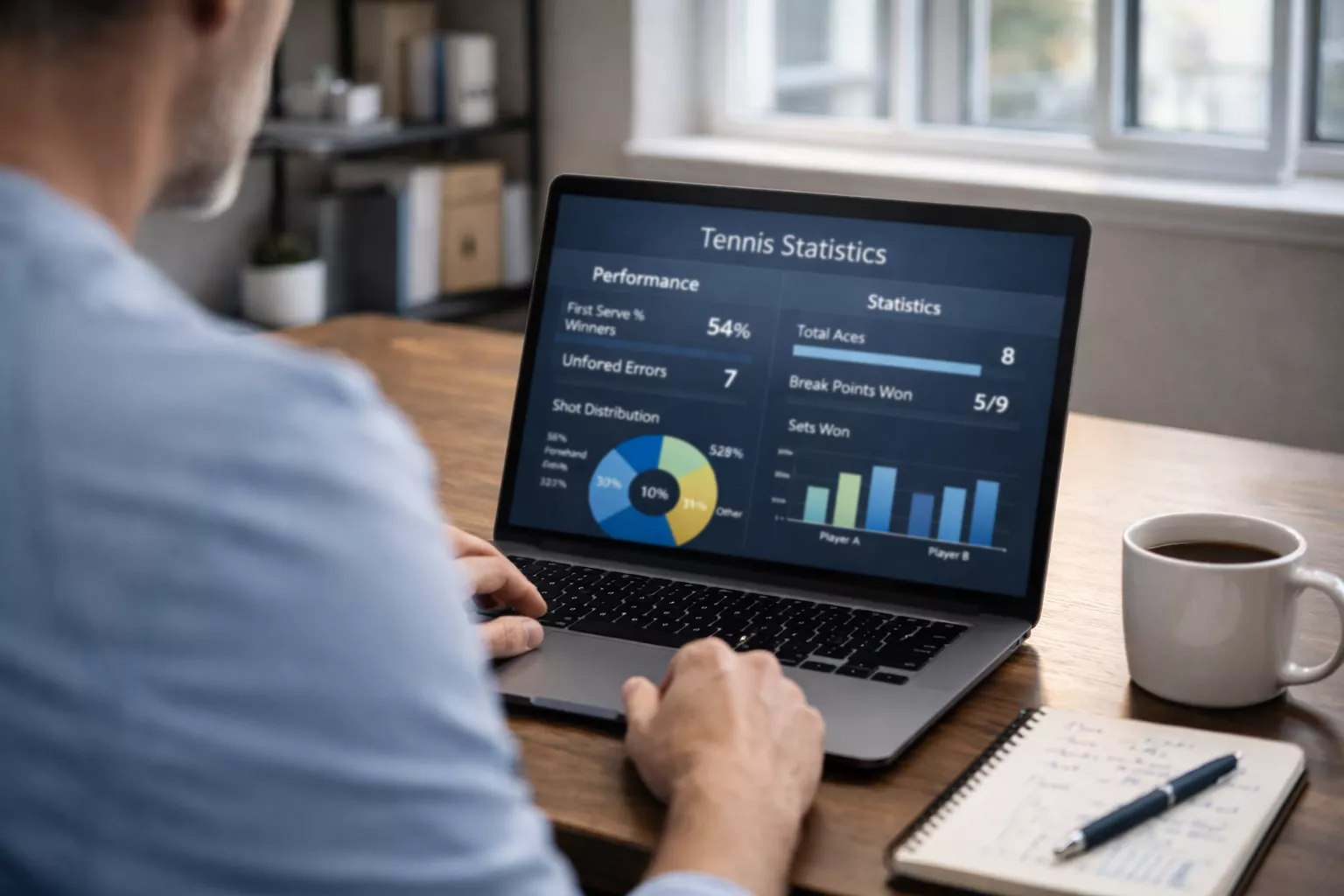 Persona estudiando estadísticas de tenis en portátil