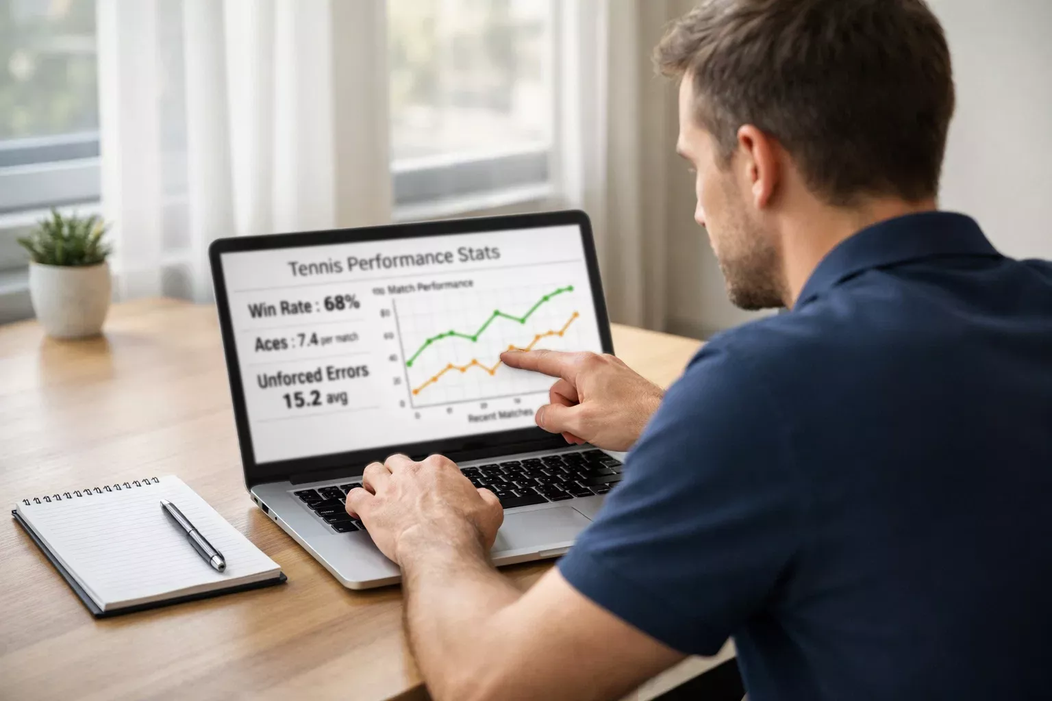 Persona analizando estadísticas de tenis en una pantalla de ordenador portátil