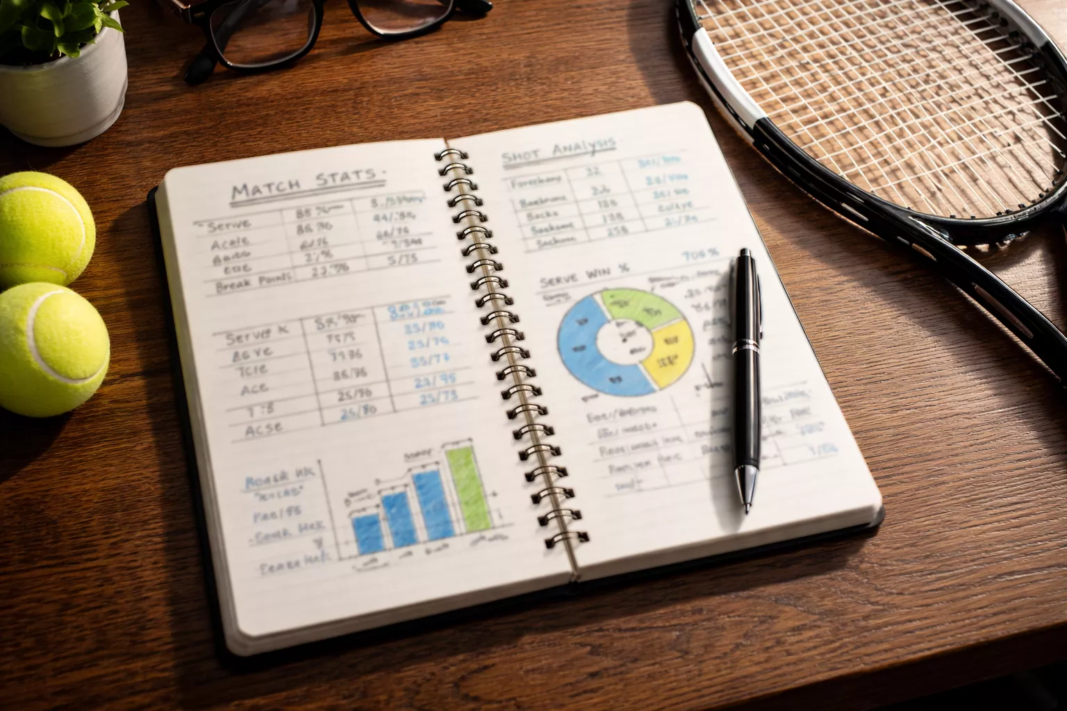 Cuaderno con anotaciones de análisis junto a raqueta de tenis