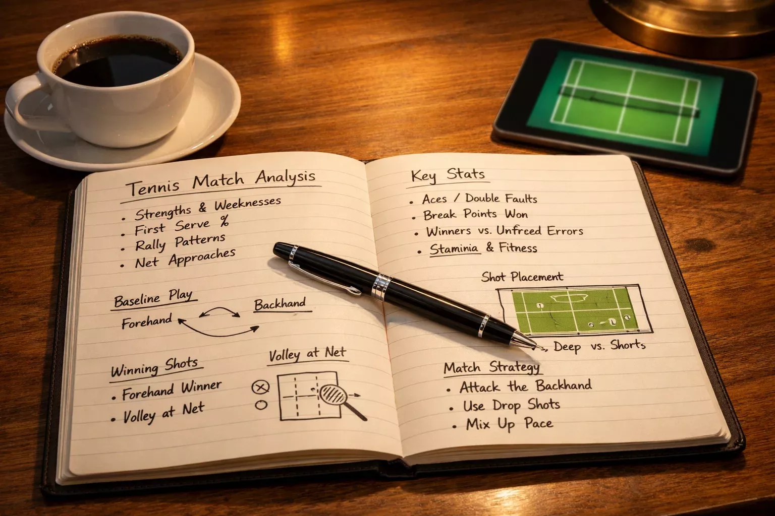 Cuaderno de notas con análisis de partidos de tenis y bolígrafo sobre un escritorio