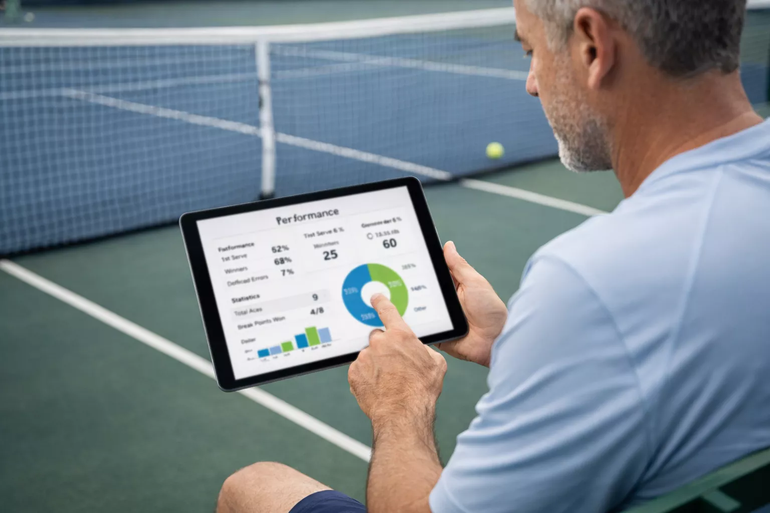 Entrenador de tenis analizando jugadas con tableta digital
