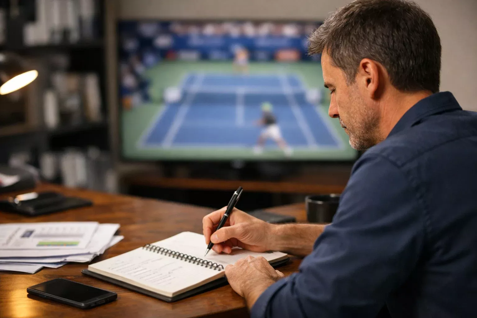 Analista deportivo tomando notas durante retransmisión de tenis