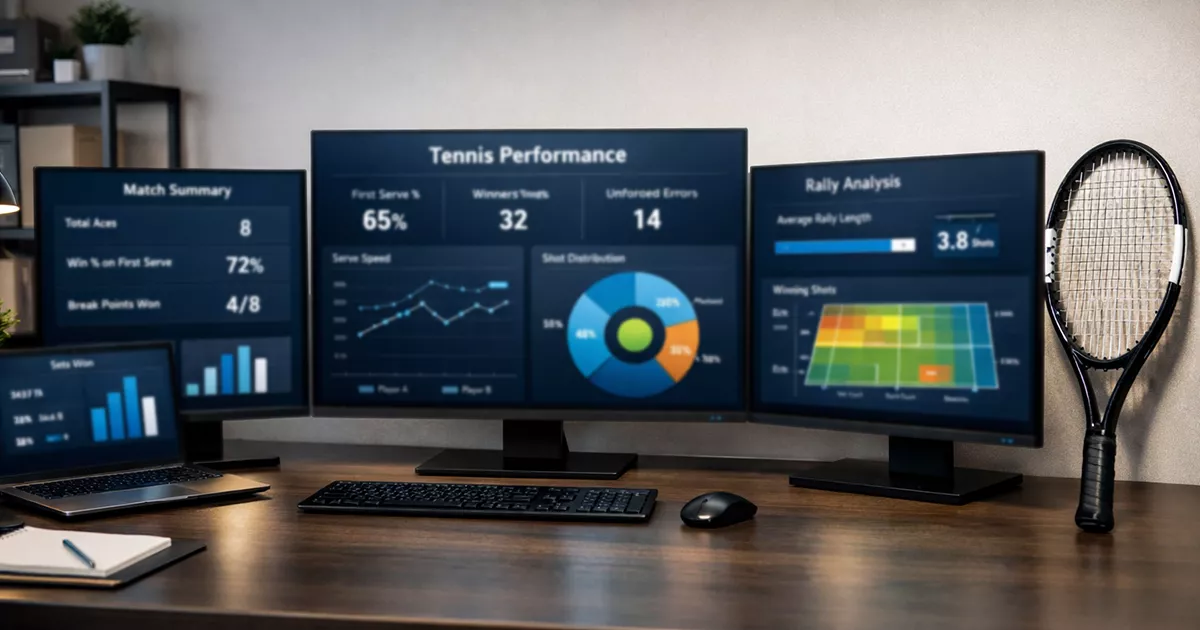 Profesional analizando datos de tenis en configuración de múltiples monitores