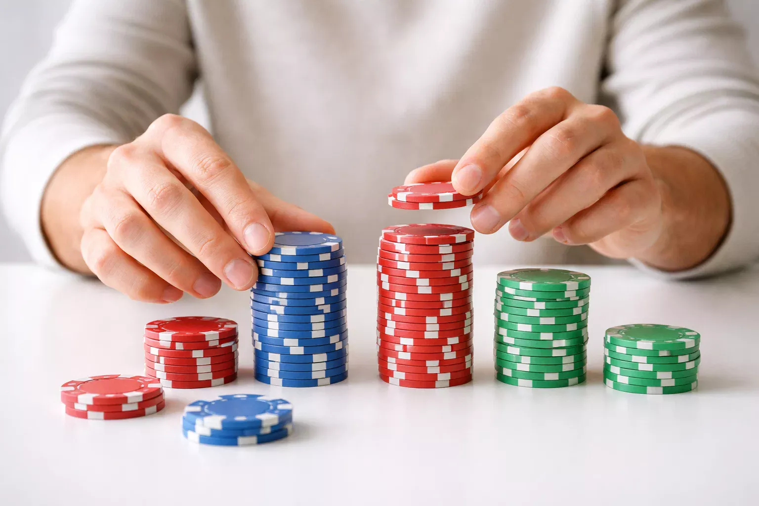 Persona organizando fichas de colores representando unidades de apuesta