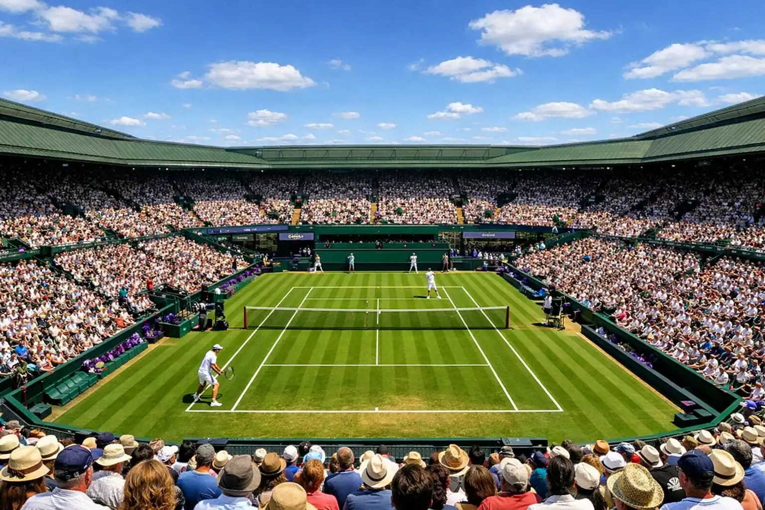 Vista panorámica de la pista central de Wimbledon con público en las gradas