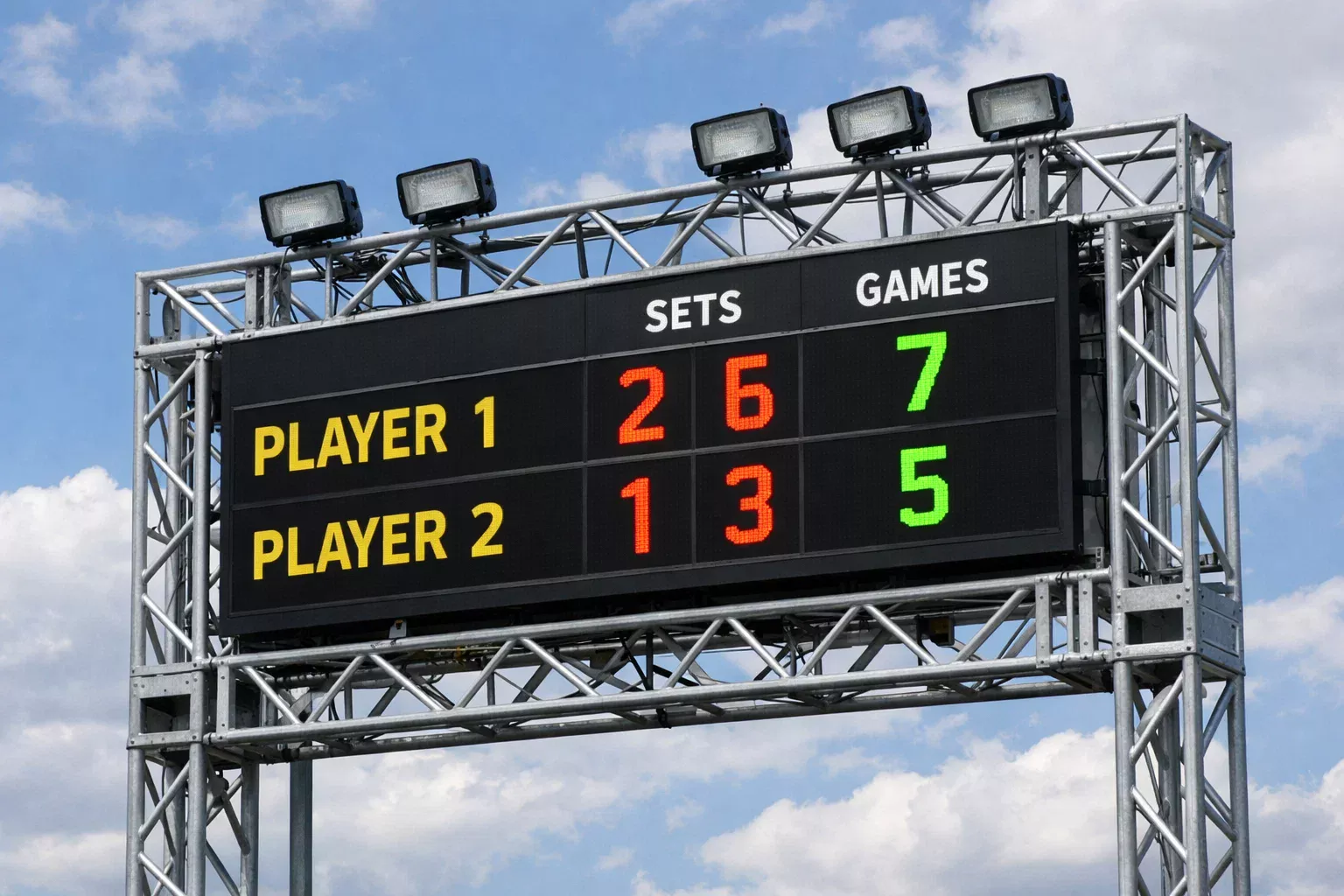 Marcador electrónico de tenis mostrando resultado de sets