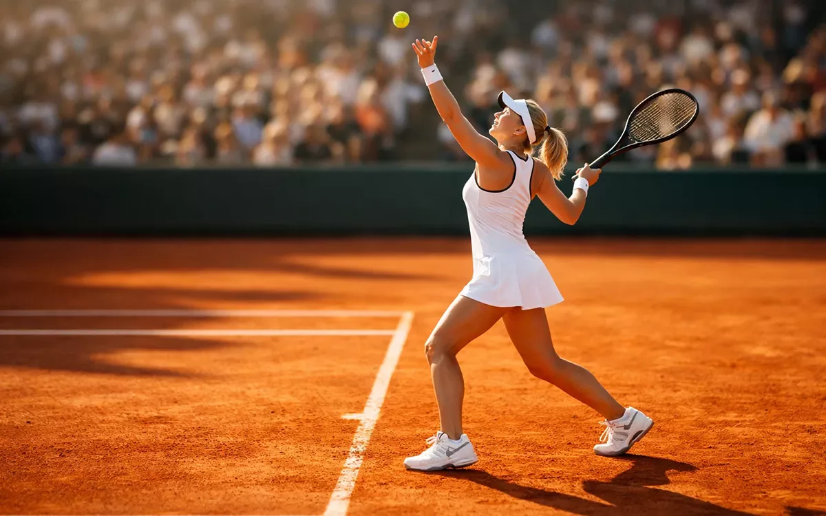 Tenista profesional en pista de tierra batida preparando un saque durante un torneo