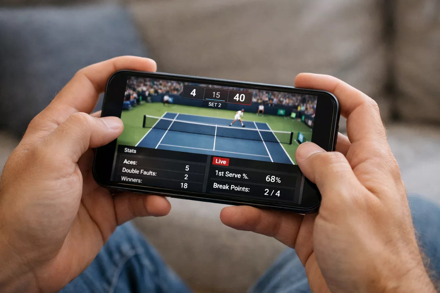 Persona siguiendo partido de tenis en smartphone