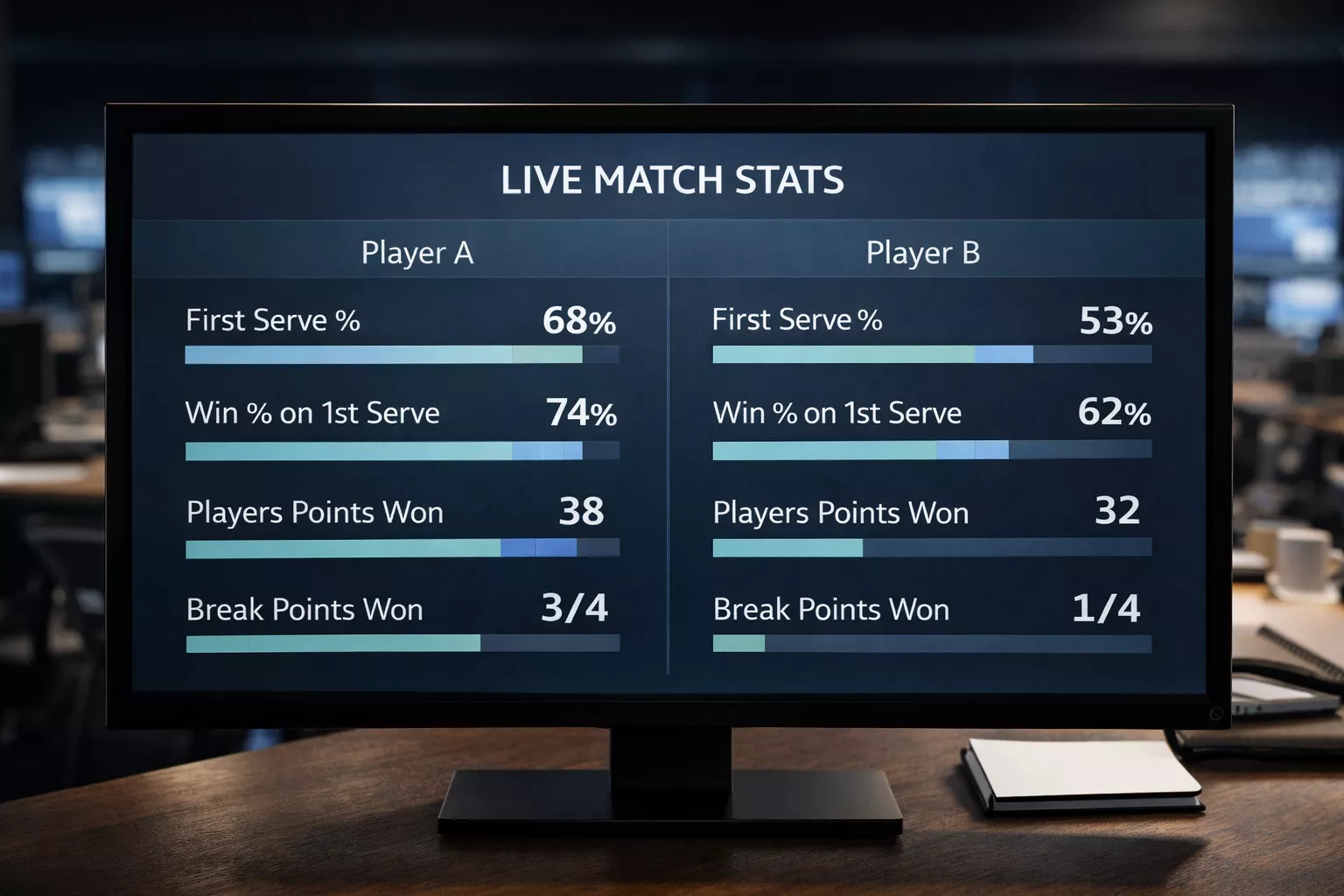Pantalla mostrando estadísticas de partido de tenis en directo
