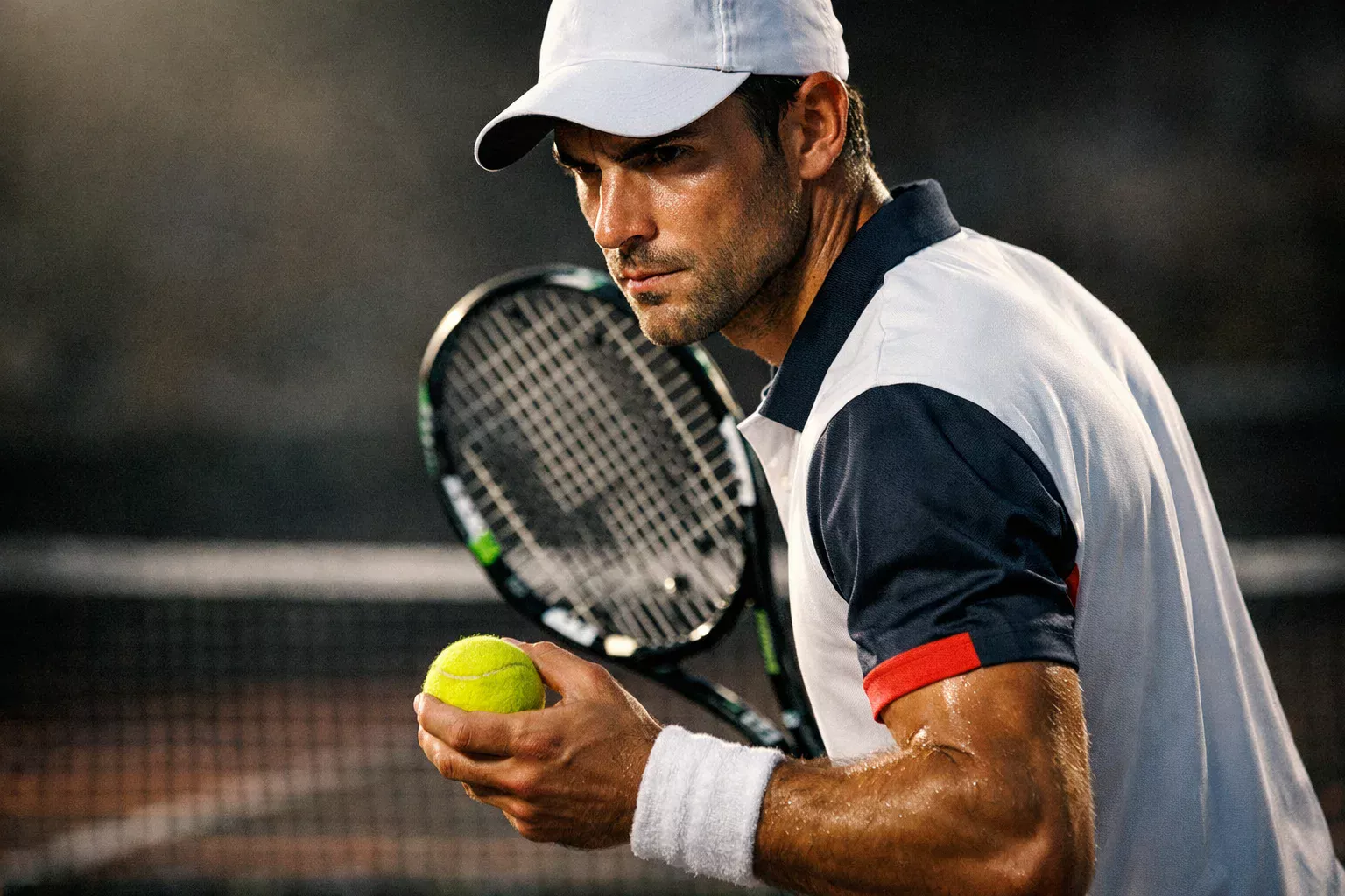 Jugador de tenis concentrado antes de servir en punto decisivo