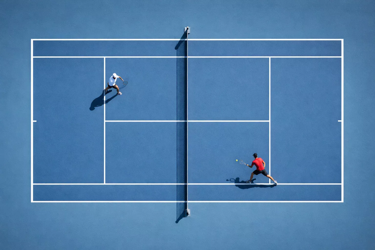 Vista aérea de pista de cemento azul con jugadores en posición