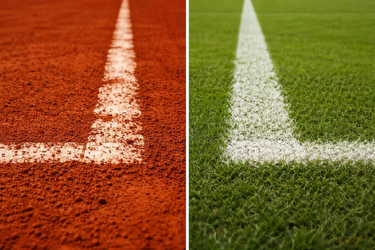 Vista comparativa de pista de arcilla roja y césped verde
