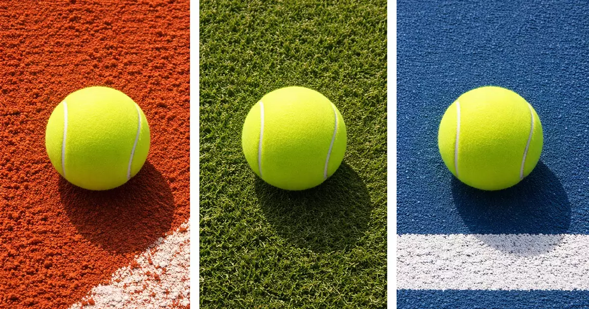 Tres pelotas de tenis sobre distintos tipos de superficie de juego