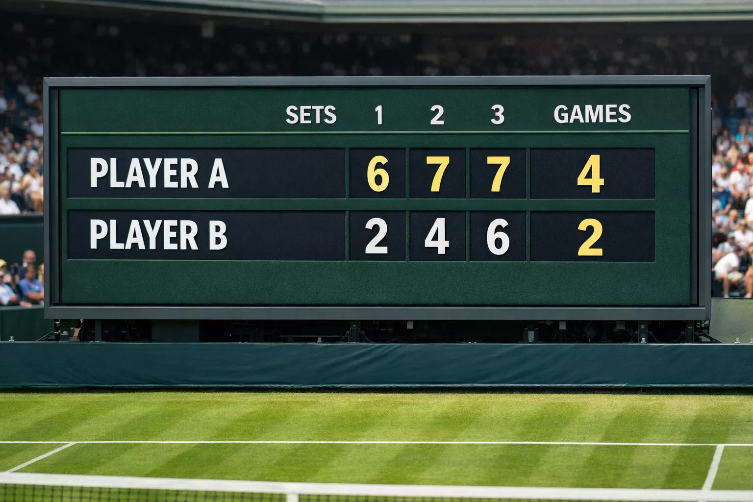 Marcador de partido de tenis mostrando sets y juegos en una pista profesional