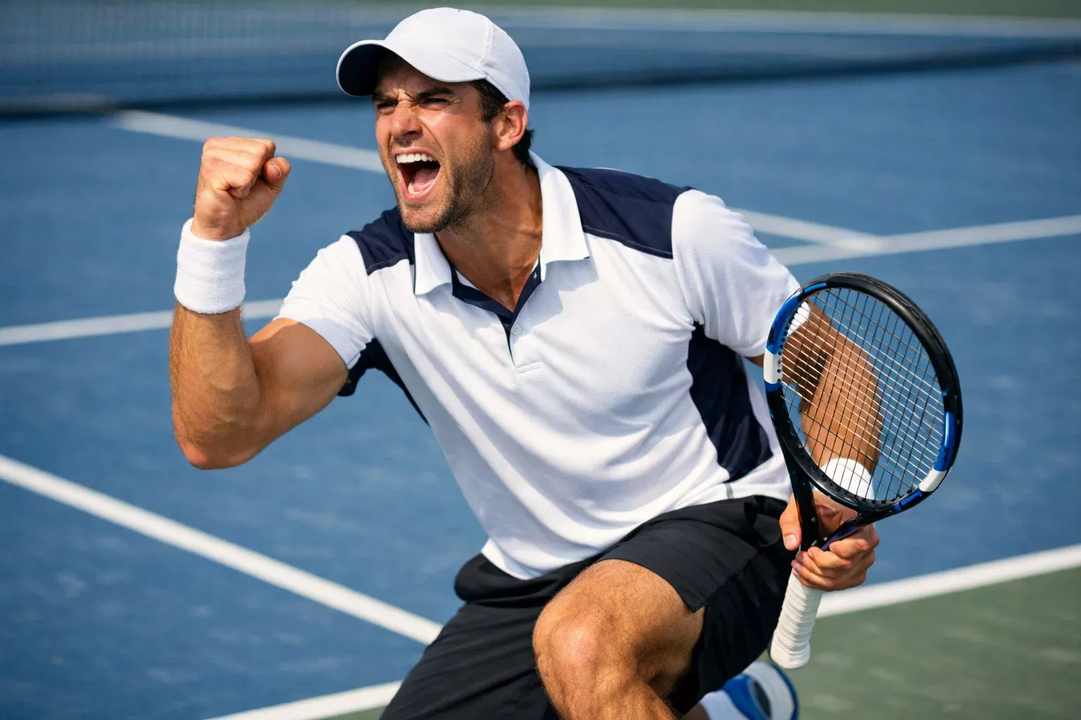 Jugador de tenis celebrando punto ganador en pista