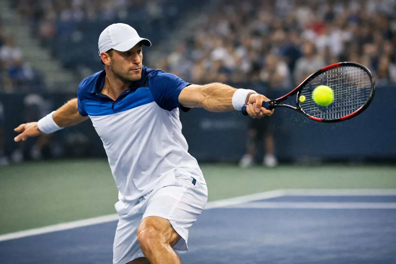 Tenista ejecutando golpe de derecha durante competición profesional